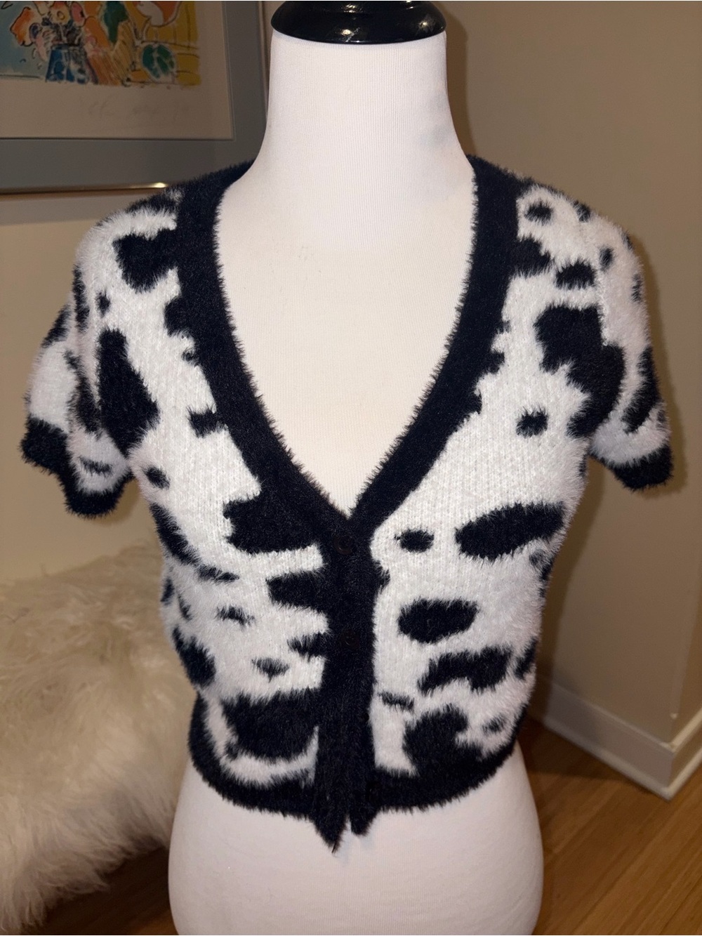 LA Hearts Women’s Short-Sleeve Fuzzy Cow Print Cardigan Sweater - Black & White